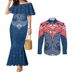 Personalized Sydney Roosters Couples Matching Mermaid Dress and Long Sleeve Button Shirt Polynesian Tribal Pattern Style