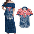 Personalized Sydney Roosters Couples Matching Off Shoulder Maxi Dress and Hawaiian Shirt Polynesian Tribal Pattern Style
