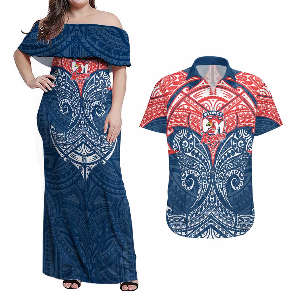 Personalized Sydney Roosters Couples Matching Off Shoulder Maxi Dress and Hawaiian Shirt Polynesian Tribal Pattern Style