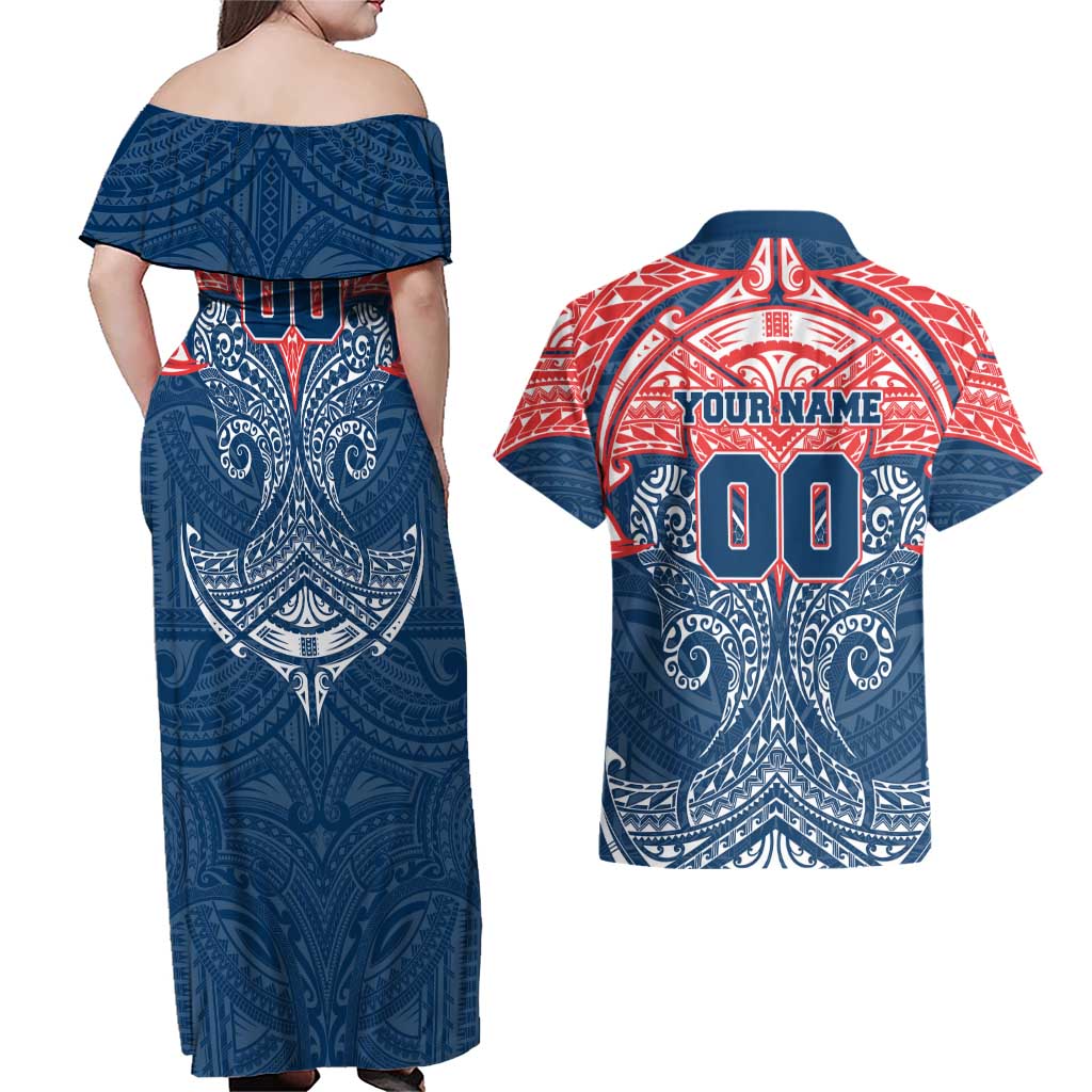 Personalized Sydney Roosters Couples Matching Off Shoulder Maxi Dress and Hawaiian Shirt Polynesian Tribal Pattern Style