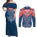 Personalized Sydney Roosters Couples Matching Off Shoulder Maxi Dress and Long Sleeve Button Shirt Polynesian Tribal Pattern Style