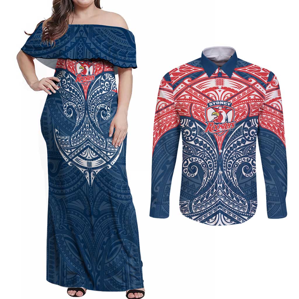 Personalized Sydney Roosters Couples Matching Off Shoulder Maxi Dress and Long Sleeve Button Shirt Polynesian Tribal Pattern Style