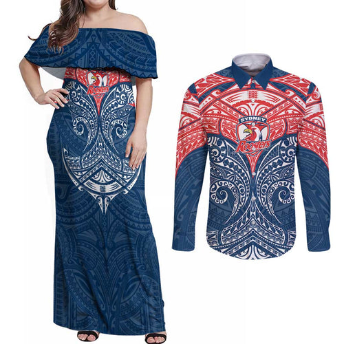 Personalized Sydney Roosters Couples Matching Off Shoulder Maxi Dress and Long Sleeve Button Shirt Polynesian Tribal Pattern Style