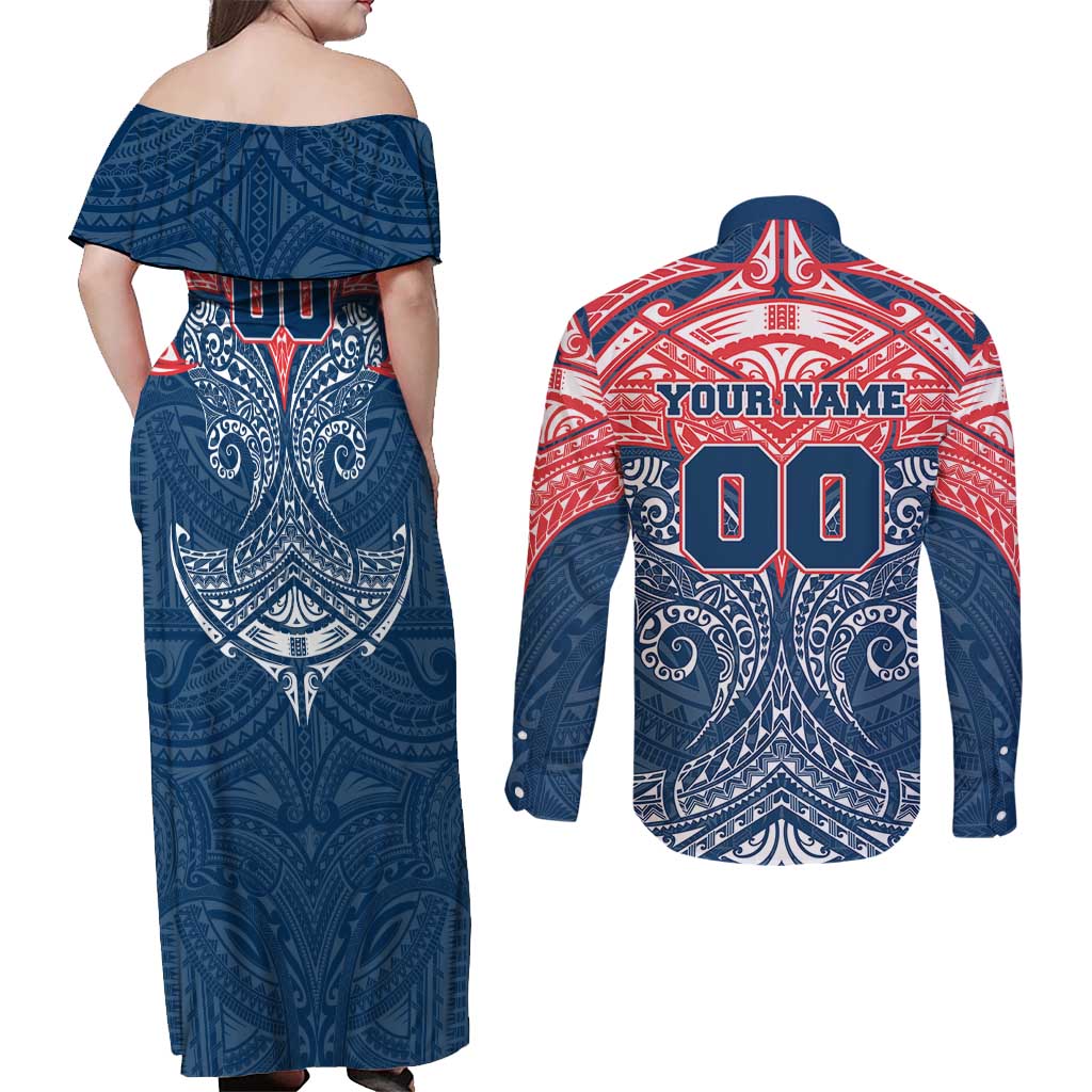 Personalized Sydney Roosters Couples Matching Off Shoulder Maxi Dress and Long Sleeve Button Shirt Polynesian Tribal Pattern Style