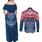 Personalized Sydney Roosters Couples Matching Off Shoulder Maxi Dress and Long Sleeve Button Shirt Polynesian Tribal Pattern Style