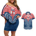 Personalized Sydney Roosters Couples Matching Off Shoulder Short Dress and Hawaiian Shirt Polynesian Tribal Pattern Style