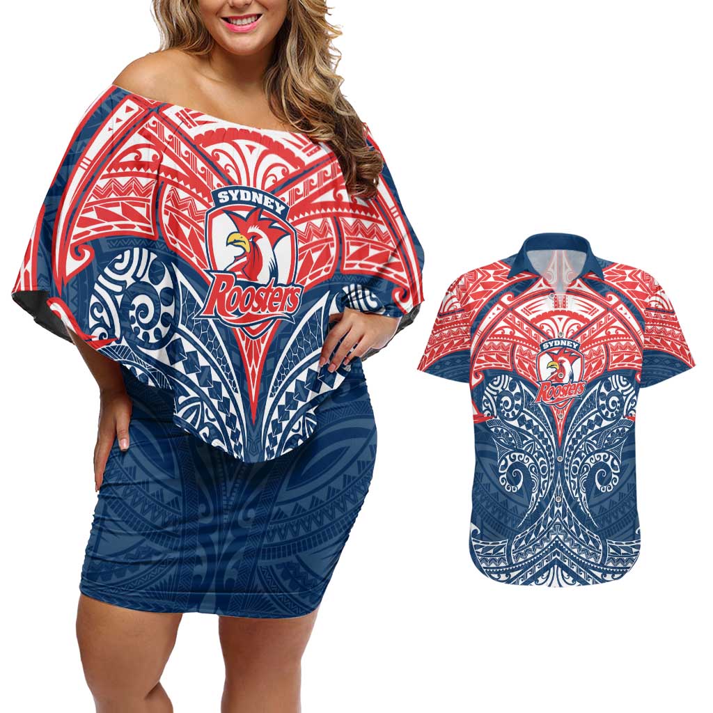 Personalized Sydney Roosters Couples Matching Off Shoulder Short Dress and Hawaiian Shirt Polynesian Tribal Pattern Style