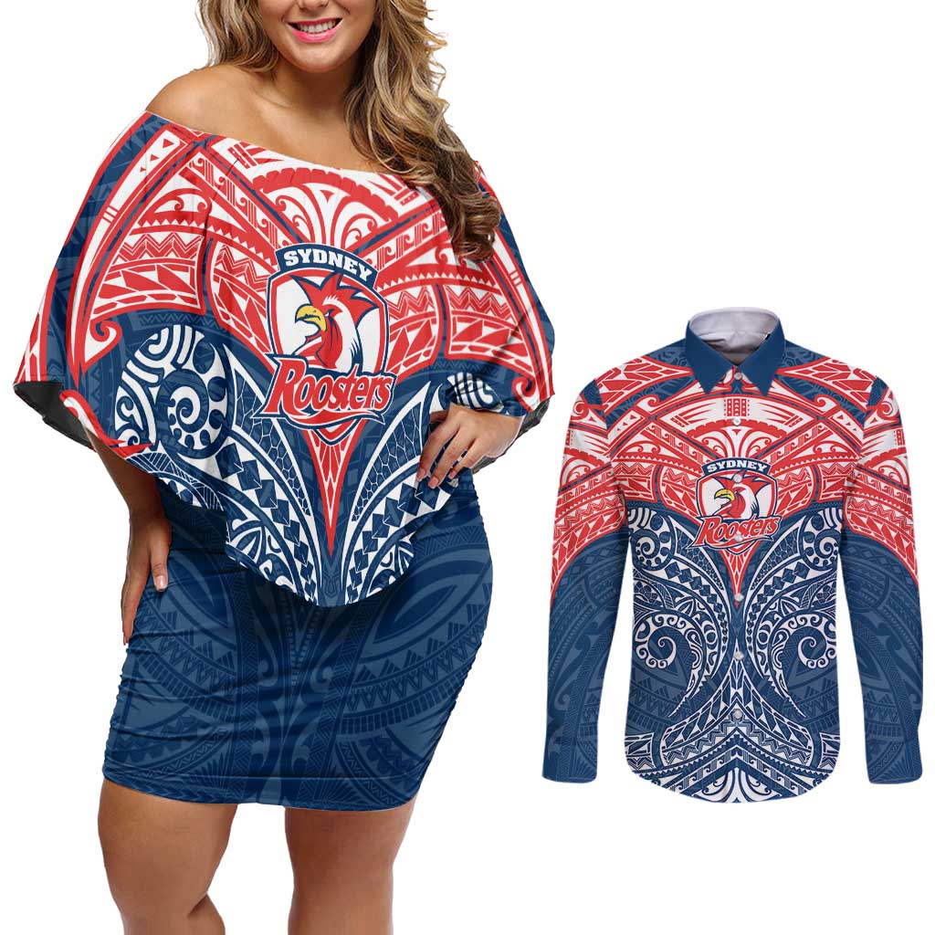 Personalized Sydney Roosters Couples Matching Off Shoulder Short Dress and Long Sleeve Button Shirt Polynesian Tribal Pattern Style