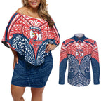 Personalized Sydney Roosters Couples Matching Off Shoulder Short Dress and Long Sleeve Button Shirt Polynesian Tribal Pattern Style