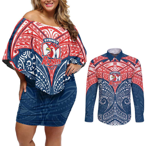 Personalized Sydney Roosters Couples Matching Off Shoulder Short Dress and Long Sleeve Button Shirt Polynesian Tribal Pattern Style