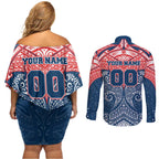 Personalized Sydney Roosters Couples Matching Off Shoulder Short Dress and Long Sleeve Button Shirt Polynesian Tribal Pattern Style