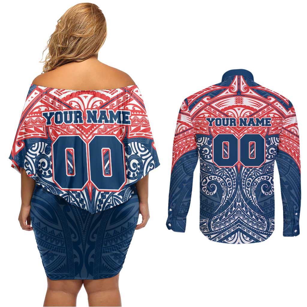 Personalized Sydney Roosters Couples Matching Off Shoulder Short Dress and Long Sleeve Button Shirt Polynesian Tribal Pattern Style