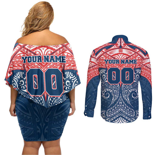 Personalized Sydney Roosters Couples Matching Off Shoulder Short Dress and Long Sleeve Button Shirt Polynesian Tribal Pattern Style
