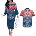 Personalized Sydney Roosters Couples Matching Off The Shoulder Long Sleeve Dress and Hawaiian Shirt Polynesian Tribal Pattern Style