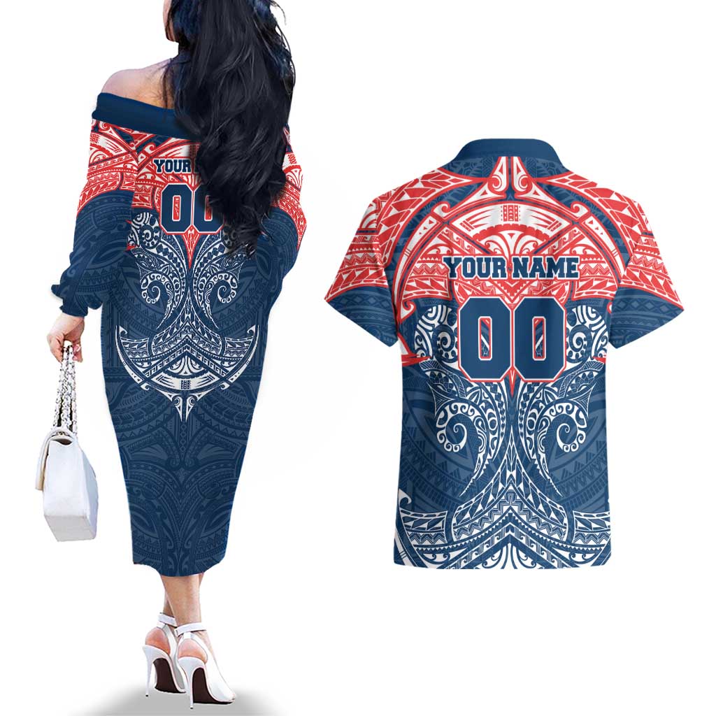 Personalized Sydney Roosters Couples Matching Off The Shoulder Long Sleeve Dress and Hawaiian Shirt Polynesian Tribal Pattern Style