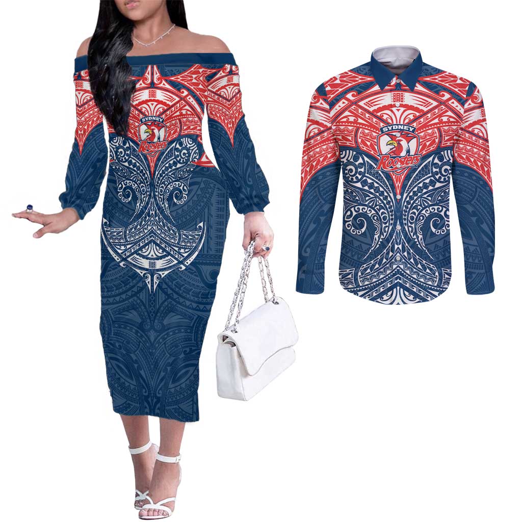 Personalized Sydney Roosters Couples Matching Off The Shoulder Long Sleeve Dress and Long Sleeve Button Shirt Polynesian Tribal Pattern Style