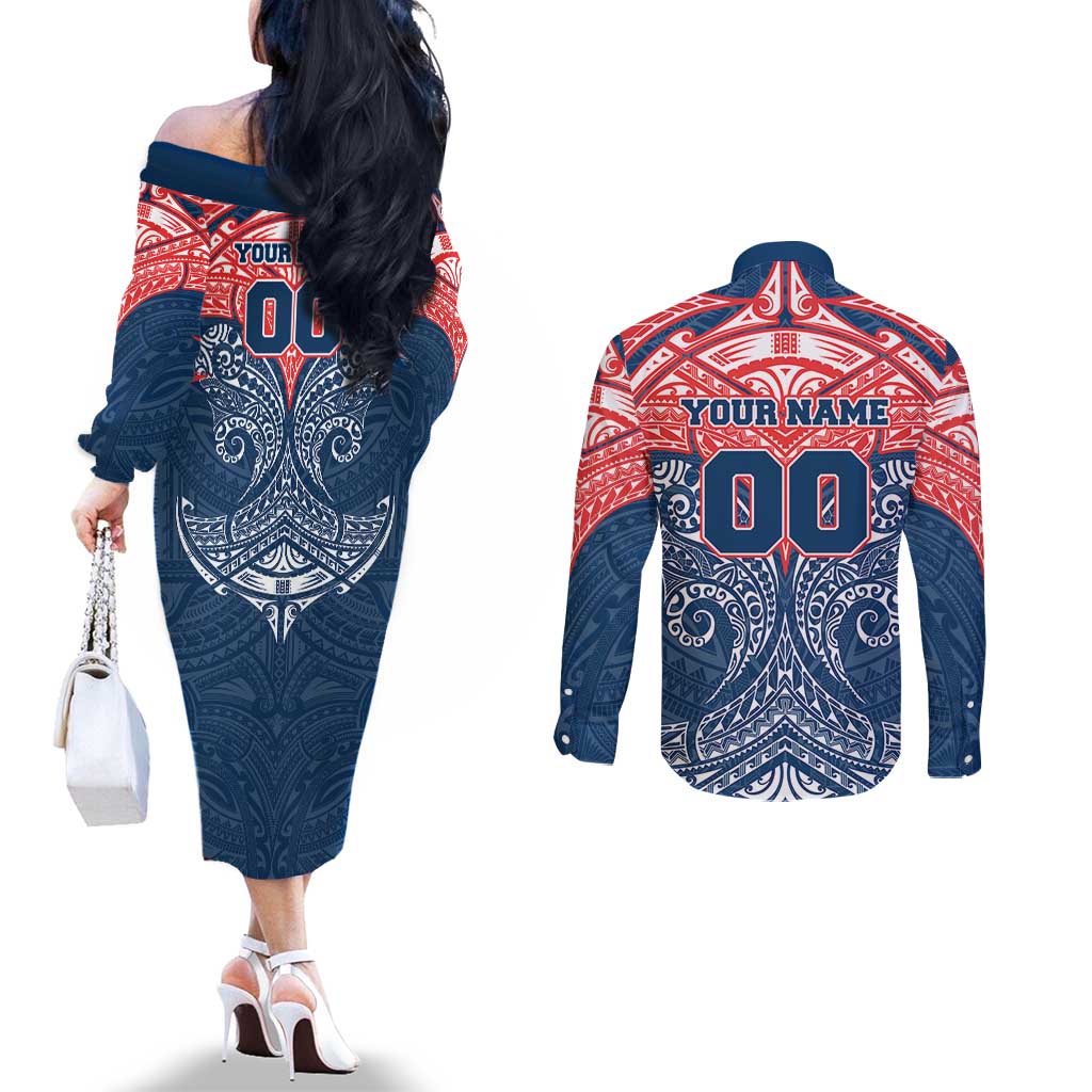 Personalized Sydney Roosters Couples Matching Off The Shoulder Long Sleeve Dress and Long Sleeve Button Shirt Polynesian Tribal Pattern Style