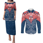 Personalized Sydney Roosters Couples Matching Puletasi and Long Sleeve Button Shirt Polynesian Tribal Pattern Style