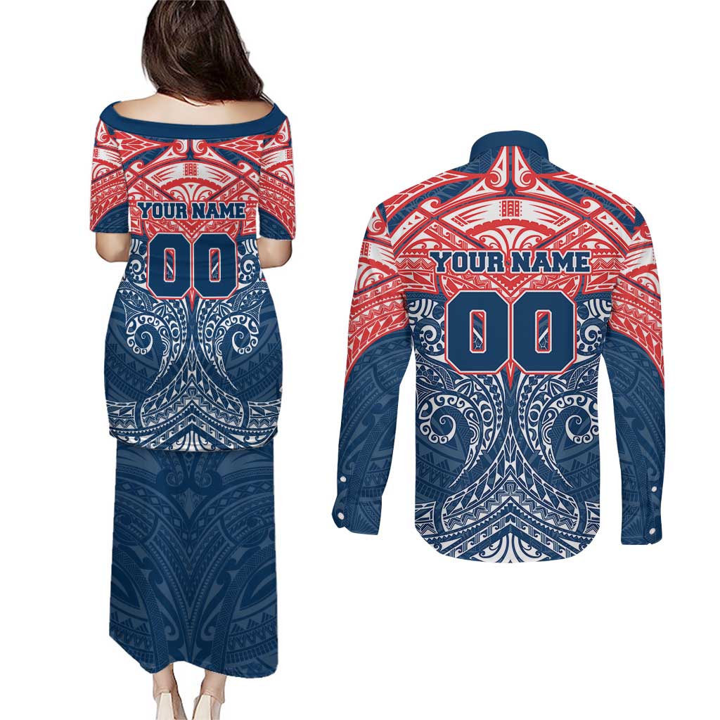 Personalized Sydney Roosters Couples Matching Puletasi and Long Sleeve Button Shirt Polynesian Tribal Pattern Style