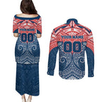 Personalized Sydney Roosters Couples Matching Puletasi and Long Sleeve Button Shirt Polynesian Tribal Pattern Style