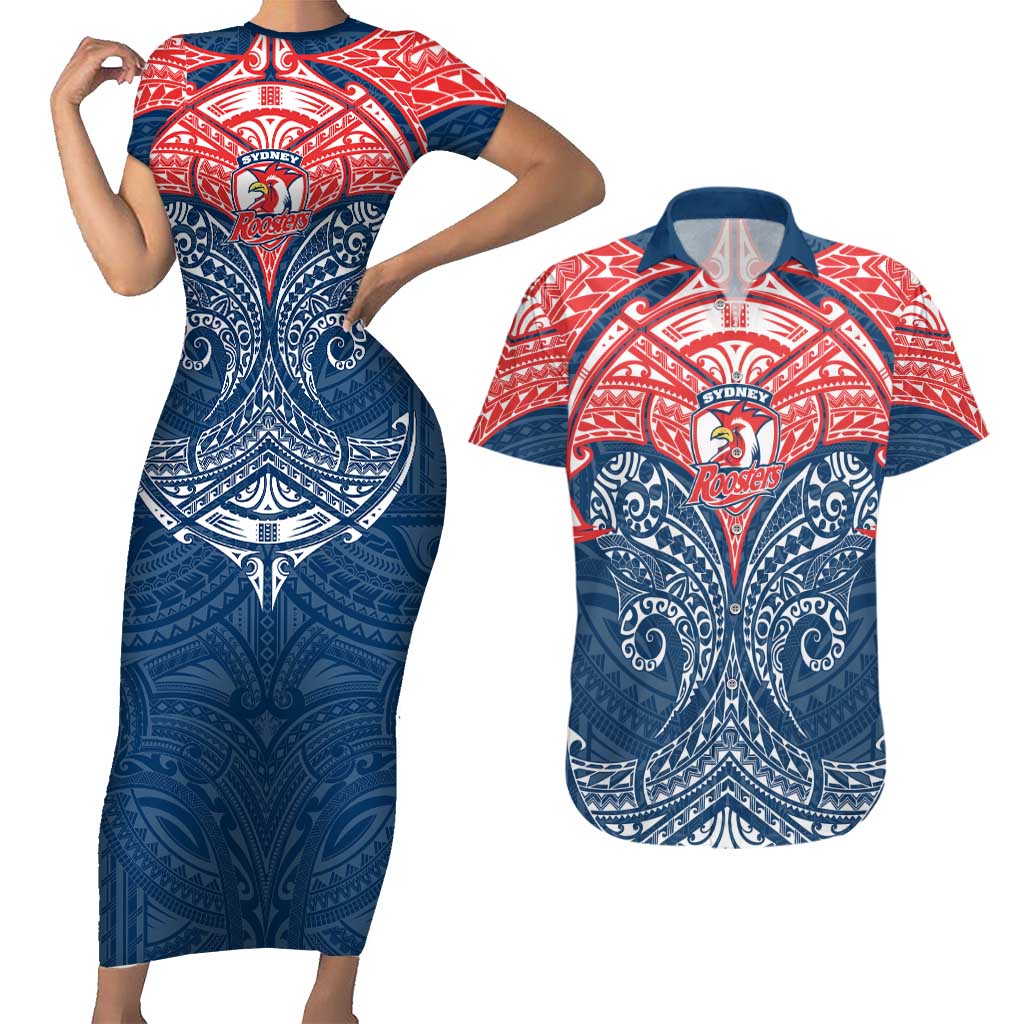 Personalized Sydney Roosters Couples Matching Short Sleeve Bodycon Dress and Hawaiian Shirt Polynesian Tribal Pattern Style