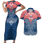 Personalized Sydney Roosters Couples Matching Short Sleeve Bodycon Dress and Hawaiian Shirt Polynesian Tribal Pattern Style