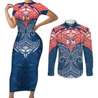 Personalized Sydney Roosters Couples Matching Short Sleeve Bodycon Dress and Long Sleeve Button Shirt Polynesian Tribal Pattern Style