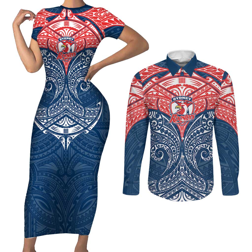 Personalized Sydney Roosters Couples Matching Short Sleeve Bodycon Dress and Long Sleeve Button Shirt Polynesian Tribal Pattern Style