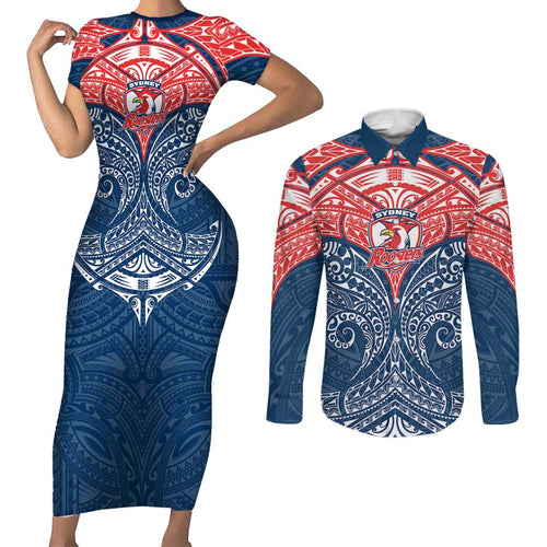 Personalized Sydney Roosters Couples Matching Short Sleeve Bodycon Dress and Long Sleeve Button Shirt Polynesian Tribal Pattern Style