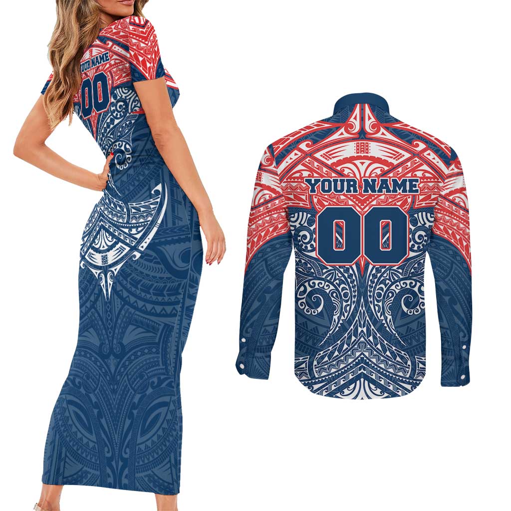 Personalized Sydney Roosters Couples Matching Short Sleeve Bodycon Dress and Long Sleeve Button Shirt Polynesian Tribal Pattern Style