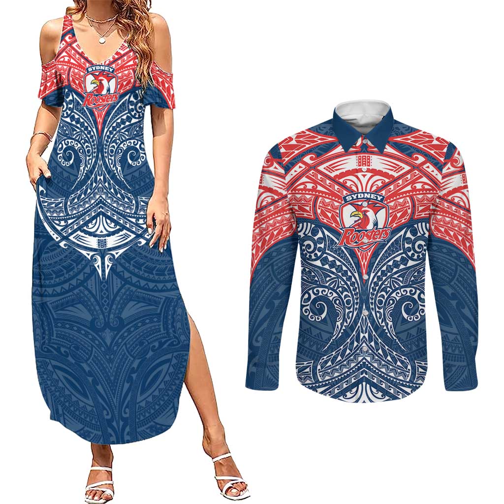 Personalized Sydney Roosters Couples Matching Summer Maxi Dress and Long Sleeve Button Shirt Polynesian Tribal Pattern Style