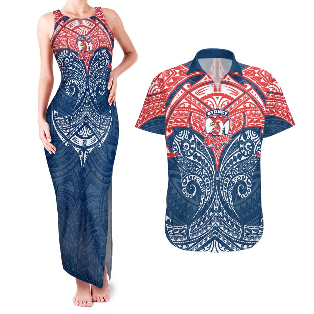Personalized Sydney Roosters Couples Matching Tank Maxi Dress and Hawaiian Shirt Polynesian Tribal Pattern Style