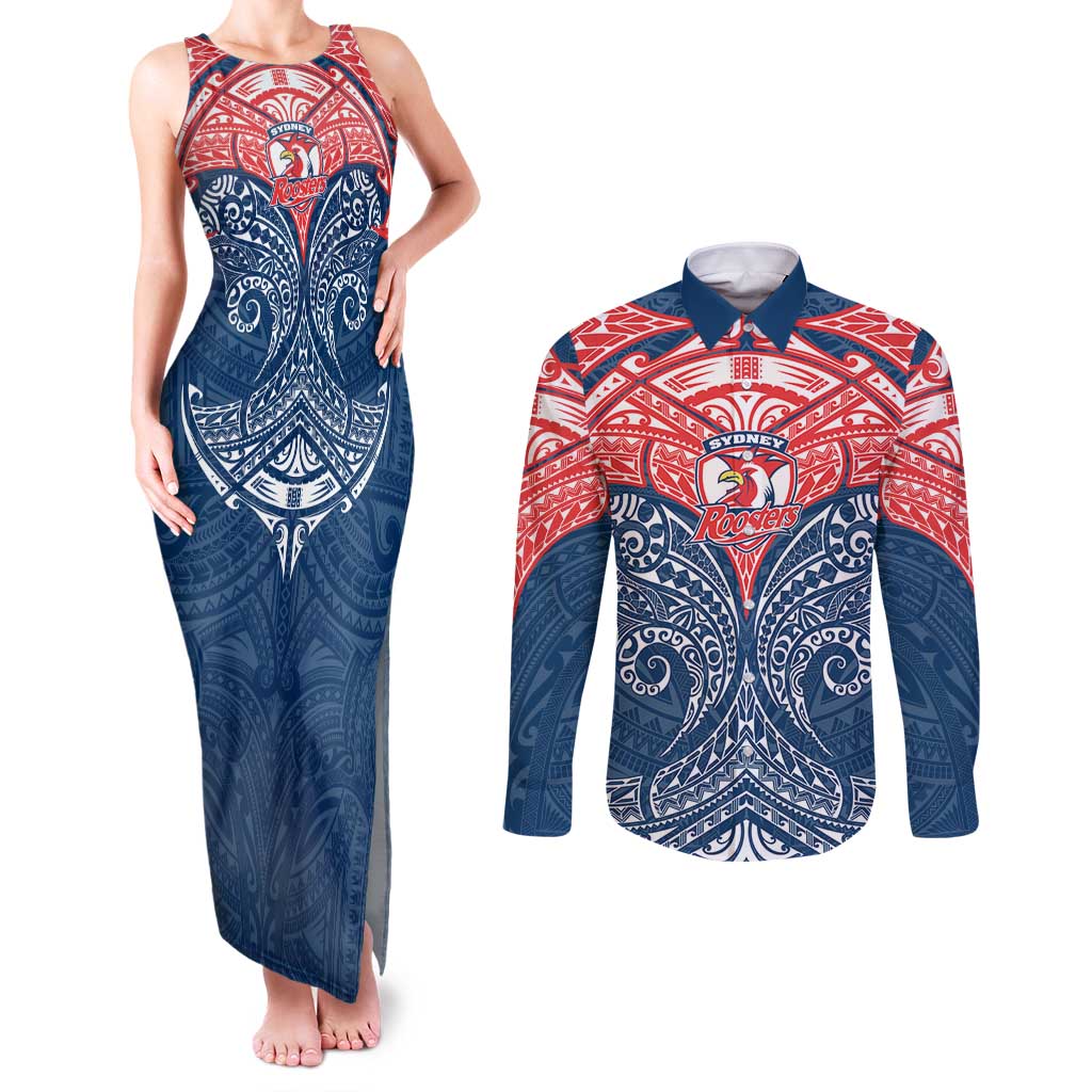 Personalized Sydney Roosters Couples Matching Tank Maxi Dress and Long Sleeve Button Shirt Polynesian Tribal Pattern Style