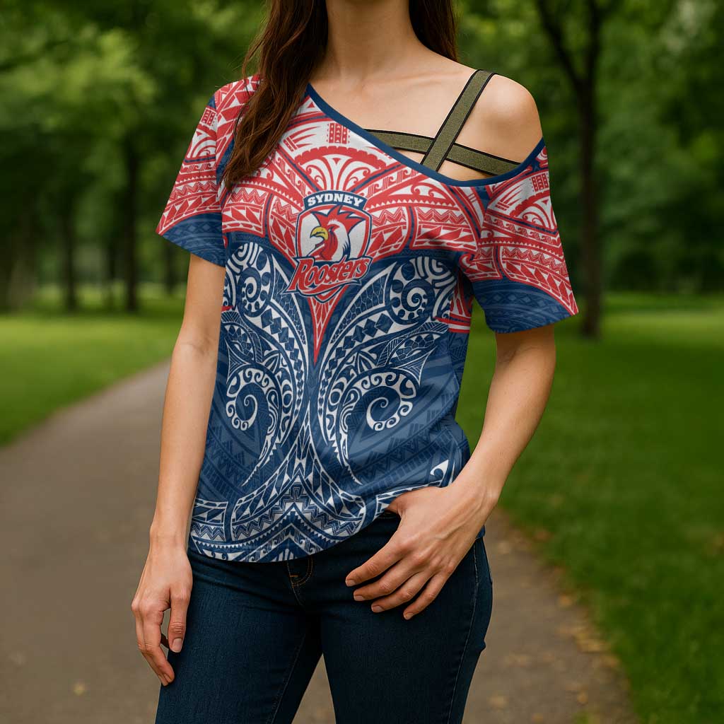 Personalized Sydney Roosters Cross Shoulder Shirt Polynesian Tribal Pattern Style