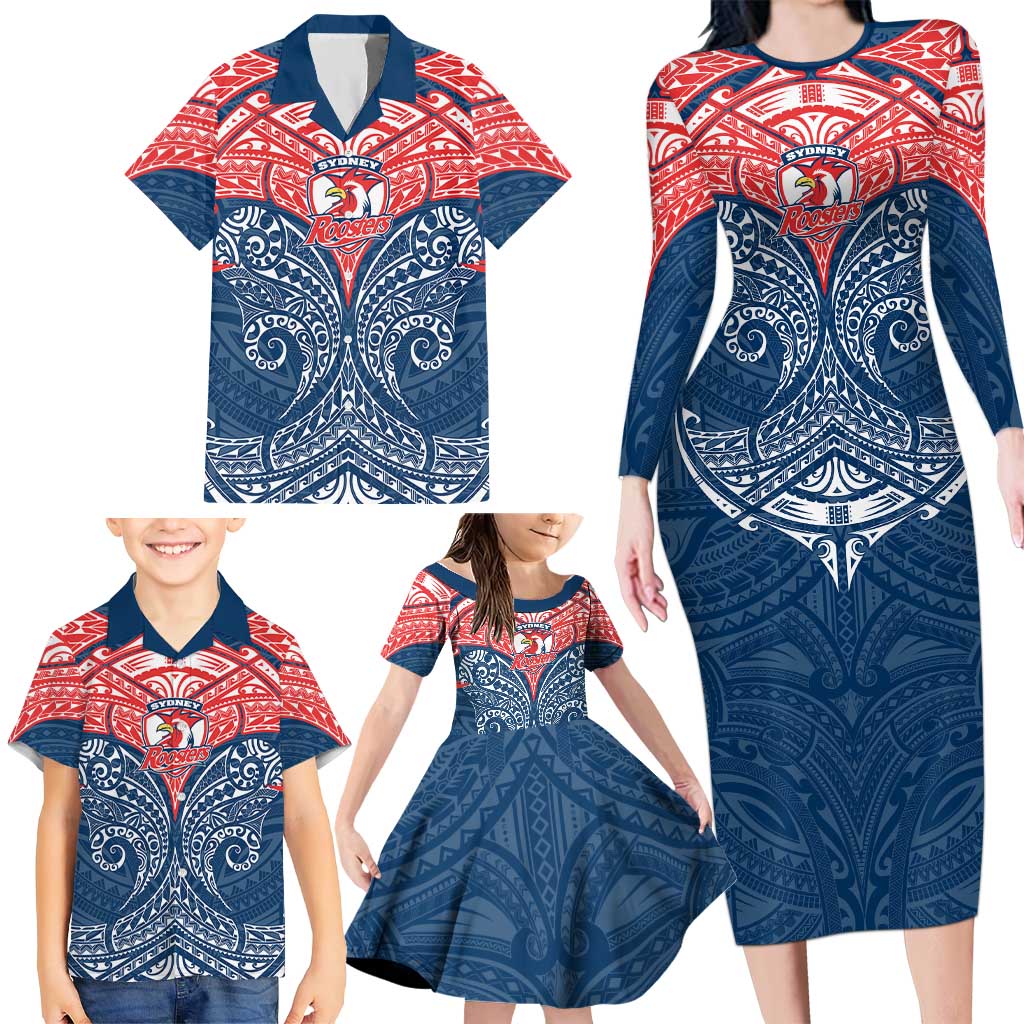Personalized Sydney Roosters Family Matching Long Sleeve Bodycon Dress and Hawaiian Shirt Polynesian Tribal Pattern Style