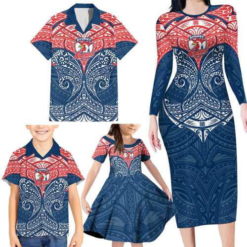 Personalized Sydney Roosters Family Matching Long Sleeve Bodycon Dress and Hawaiian Shirt Polynesian Tribal Pattern Style
