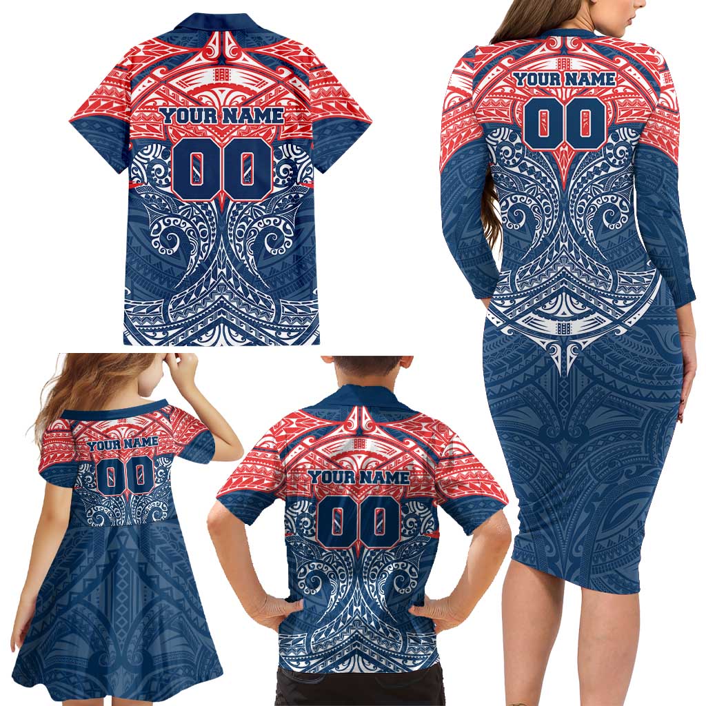 Personalized Sydney Roosters Family Matching Long Sleeve Bodycon Dress and Hawaiian Shirt Polynesian Tribal Pattern Style