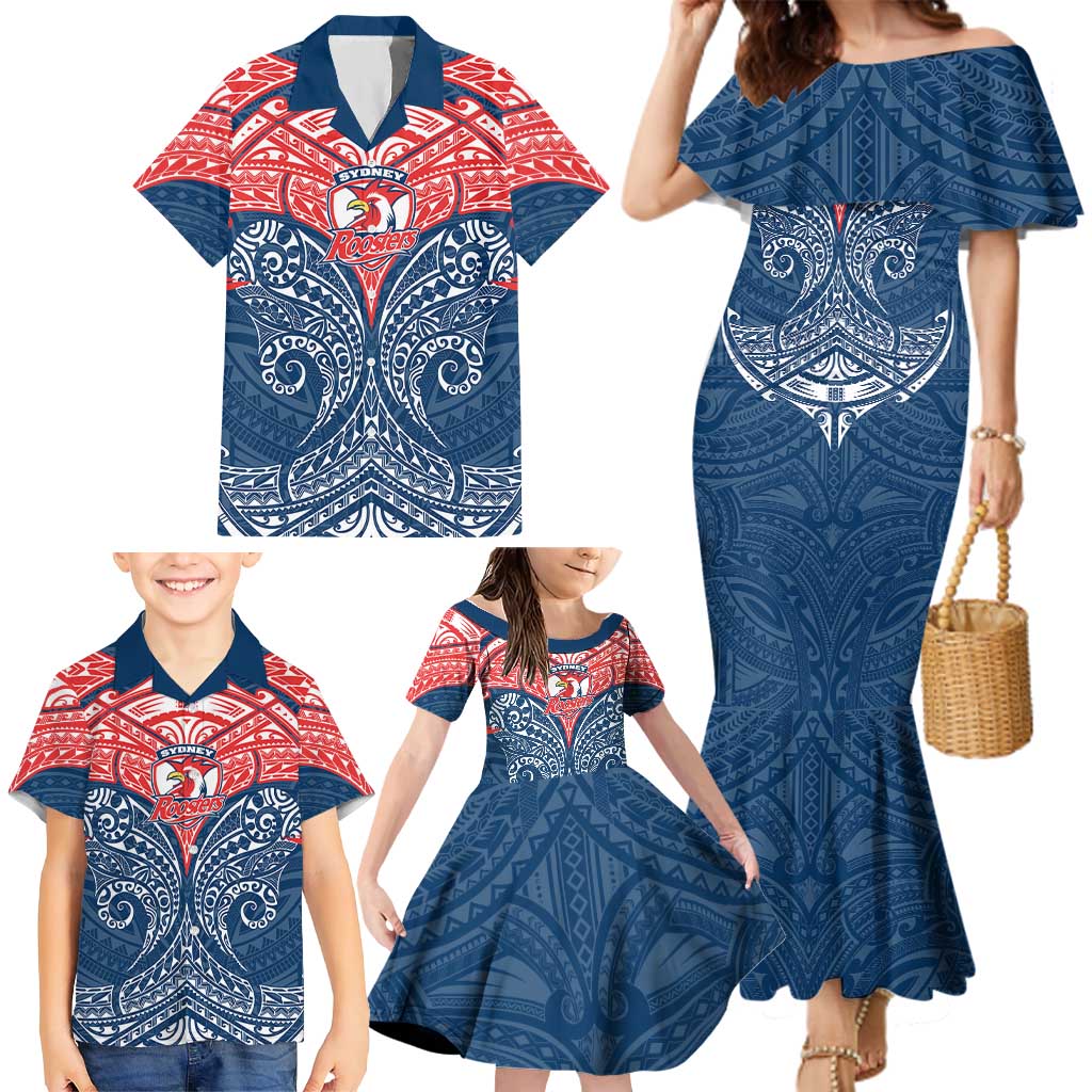 Personalized Sydney Roosters Family Matching Mermaid Dress and Hawaiian Shirt Polynesian Tribal Pattern Style