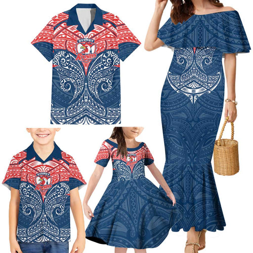 Personalized Sydney Roosters Family Matching Mermaid Dress and Hawaiian Shirt Polynesian Tribal Pattern Style