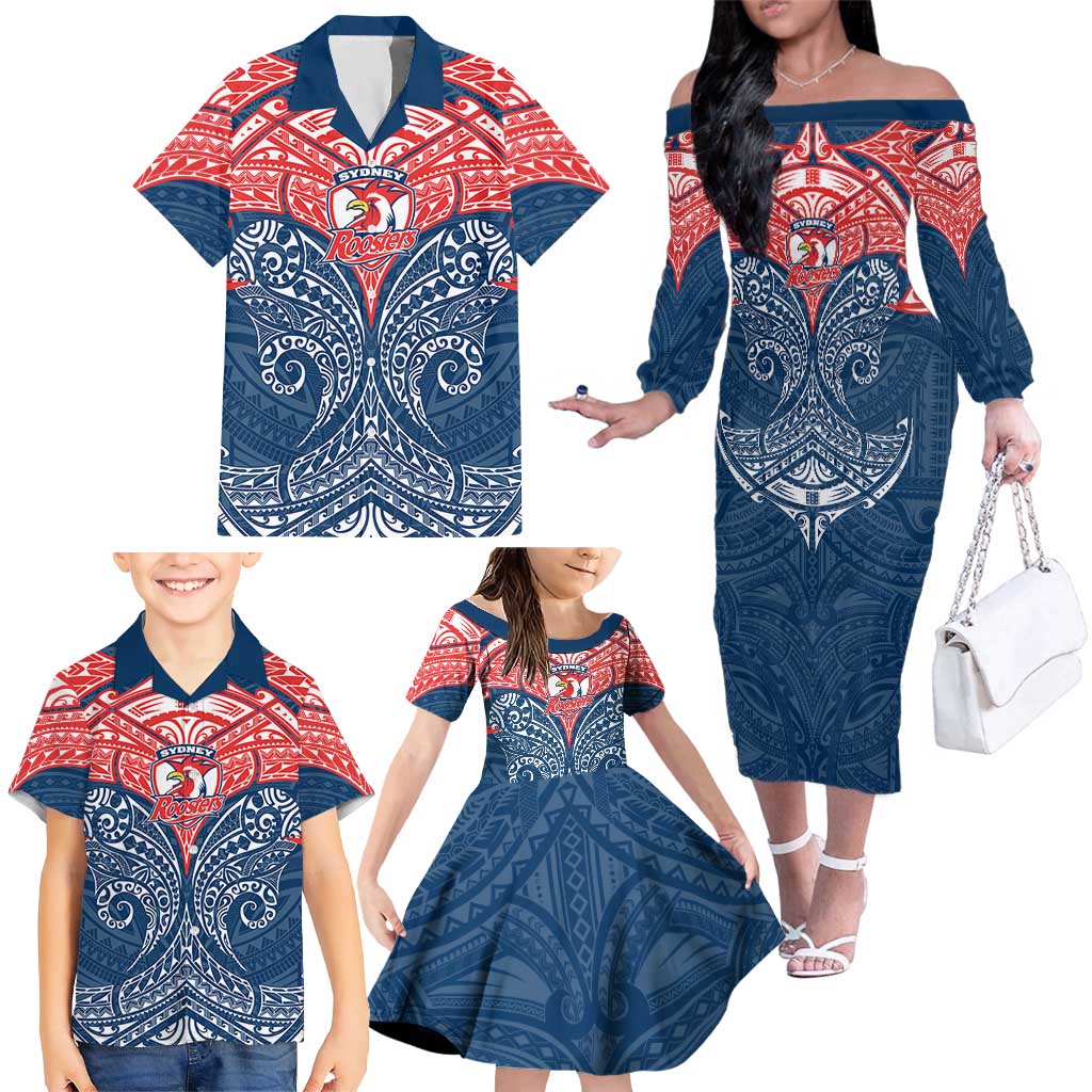Personalized Sydney Roosters Family Matching Off The Shoulder Long Sleeve Dress and Hawaiian Shirt Polynesian Tribal Pattern Style