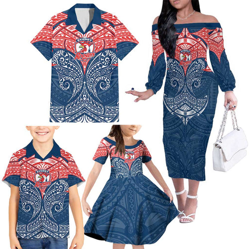 Personalized Sydney Roosters Family Matching Off The Shoulder Long Sleeve Dress and Hawaiian Shirt Polynesian Tribal Pattern Style