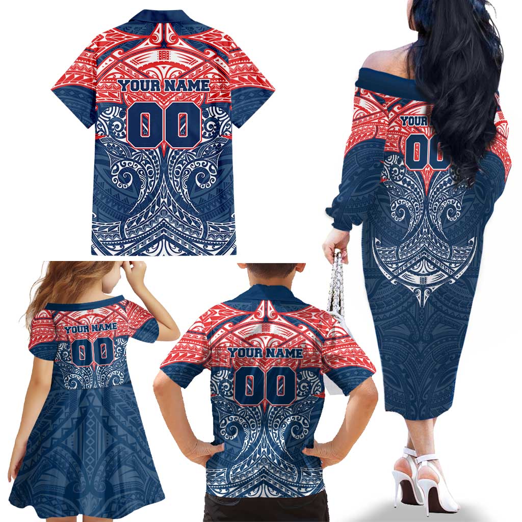 Personalized Sydney Roosters Family Matching Off The Shoulder Long Sleeve Dress and Hawaiian Shirt Polynesian Tribal Pattern Style
