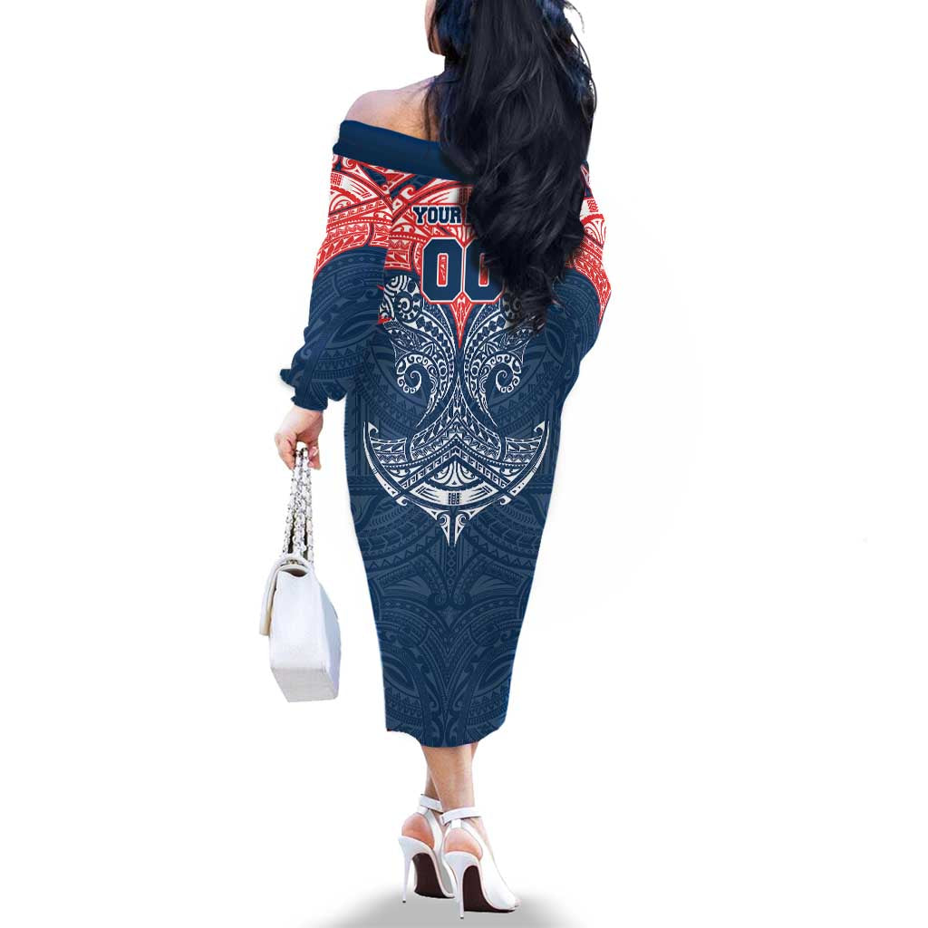 Personalized Sydney Roosters Family Matching Off The Shoulder Long Sleeve Dress and Hawaiian Shirt Polynesian Tribal Pattern Style