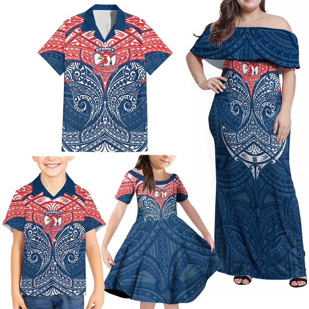 Personalized Sydney Roosters Family Matching Off Shoulder Maxi Dress and Hawaiian Shirt Polynesian Tribal Pattern Style