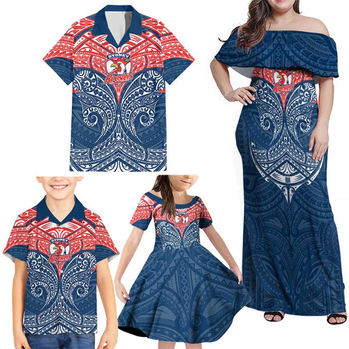 Personalized Sydney Roosters Family Matching Off Shoulder Maxi Dress and Hawaiian Shirt Polynesian Tribal Pattern Style