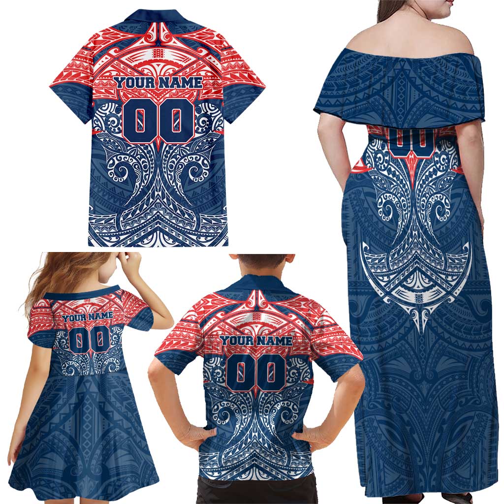 Personalized Sydney Roosters Family Matching Off Shoulder Maxi Dress and Hawaiian Shirt Polynesian Tribal Pattern Style