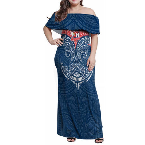 Personalized Sydney Roosters Family Matching Off Shoulder Maxi Dress and Hawaiian Shirt Polynesian Tribal Pattern Style