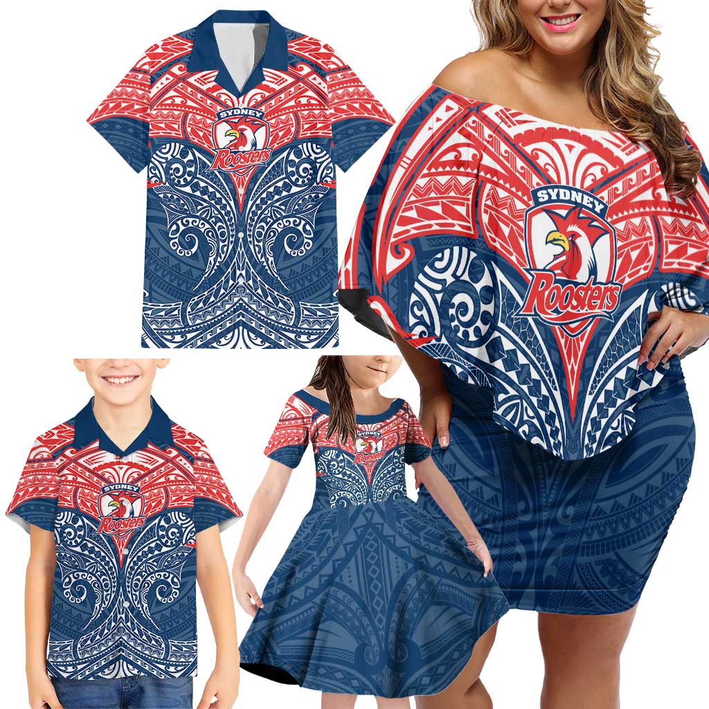 Personalized Sydney Roosters Family Matching Off Shoulder Short Dress and Hawaiian Shirt Polynesian Tribal Pattern Style