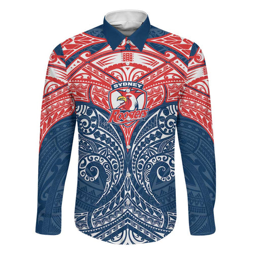 Personalized Sydney Roosters Family Matching Off Shoulder Short Dress and Hawaiian Shirt Polynesian Tribal Pattern Style