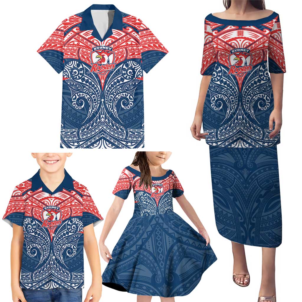 Personalized Sydney Roosters Family Matching Puletasi and Hawaiian Shirt Polynesian Tribal Pattern Style